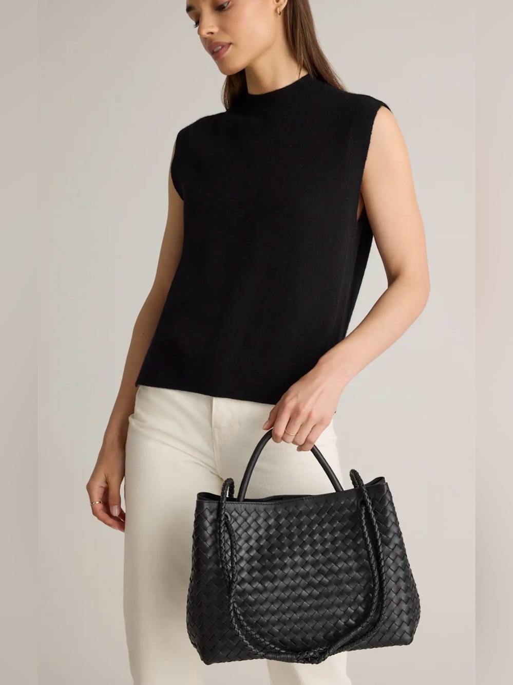 Quince Black Woven Leather Tote with Braided Shoulder Straps - Picture 3 of 16